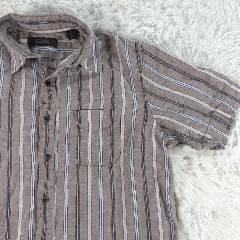 Tasso Elba Mens Striped Linen Cotton Blend Short Sleeve Button Up Shirt Medium